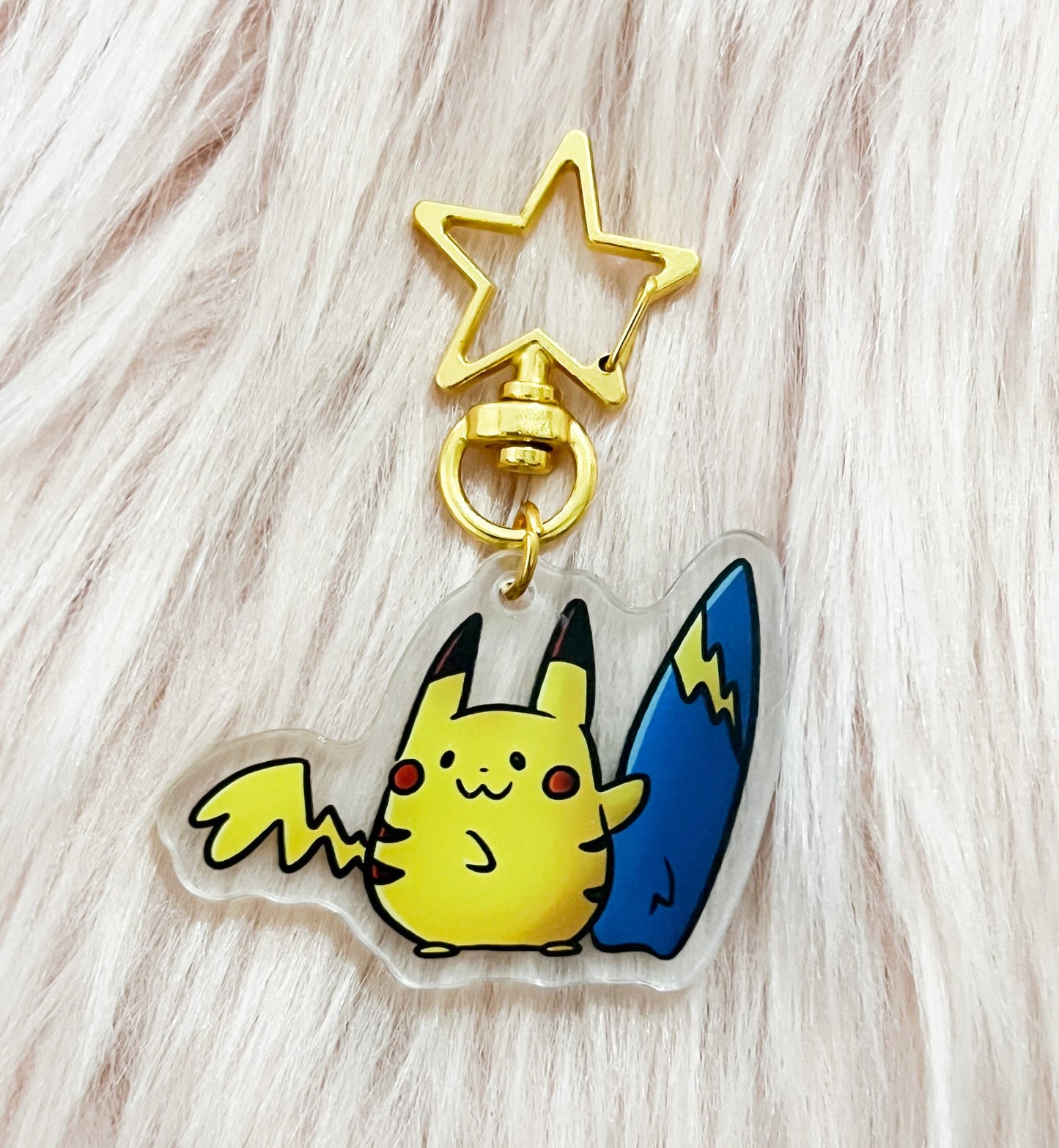 Yellow Surfing Mouse Acrylic Keychain | star clasp vograce pocket monsters charm kawaii rodent nerdy gift anime lover aesthetic adorable