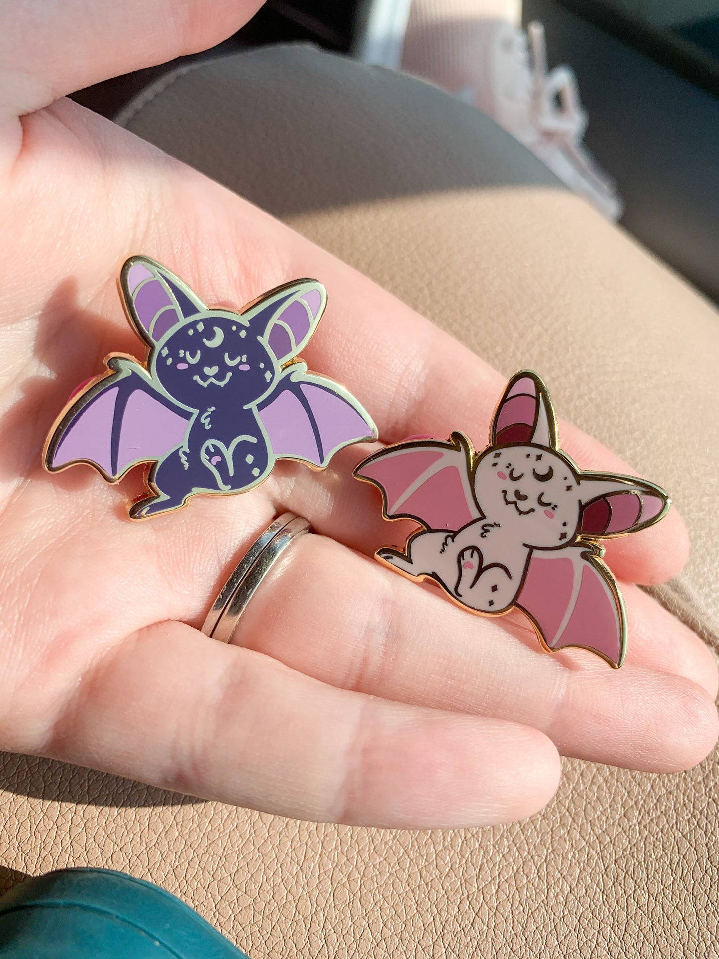 Sparkle Bats - Pink and purple hard enamel Halloween pins - animal aesthetic cute goth kawaii lavender punk valentine halloween moon stars