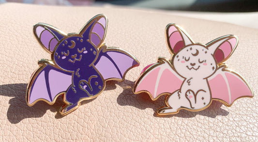 Sparkle Bats - Pink and purple hard enamel Halloween pins - animal aesthetic cute goth kawaii lavender punk valentine halloween moon stars