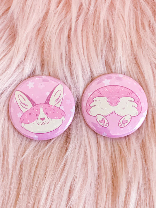 Pink Corgi Face and Butt Buttons | kawaii pink aesthetic dog lover booty cute pinback pin adorable bag accessory