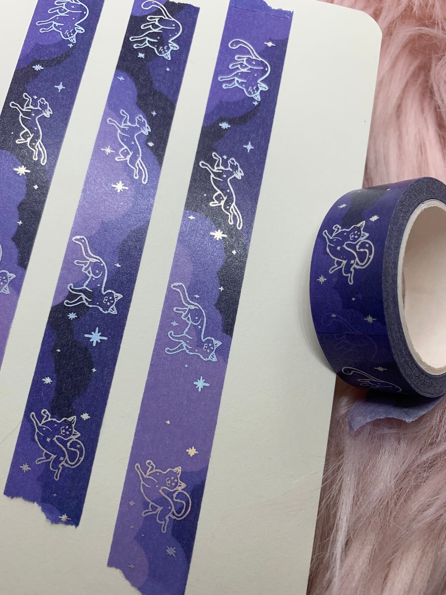 Space Cats Silver holographic Washi Tape - 15mmx10m decorative art washi masking tape starclan galaxy purple cute kawaii stationary planner