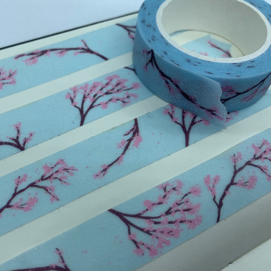 Cherry Blossom Glitter Washi Tape - 15mmx10m decorative art washi masking tape stationary planner kawaii tree flower Sakura pink Japanese