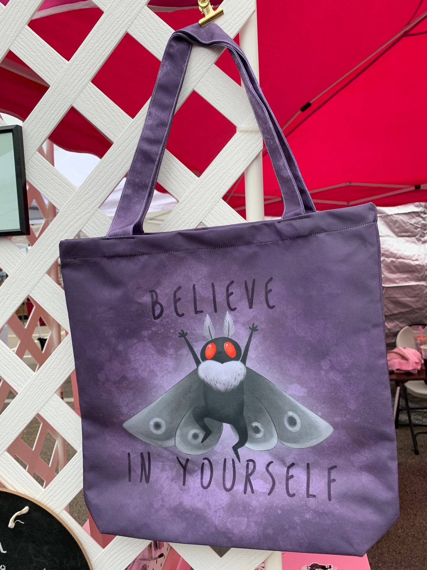 Mothman Tote Bag | adorable cryptid spooky haunted creepy supernatural mythical creature purple grey moth book bag illustration kawaii gift