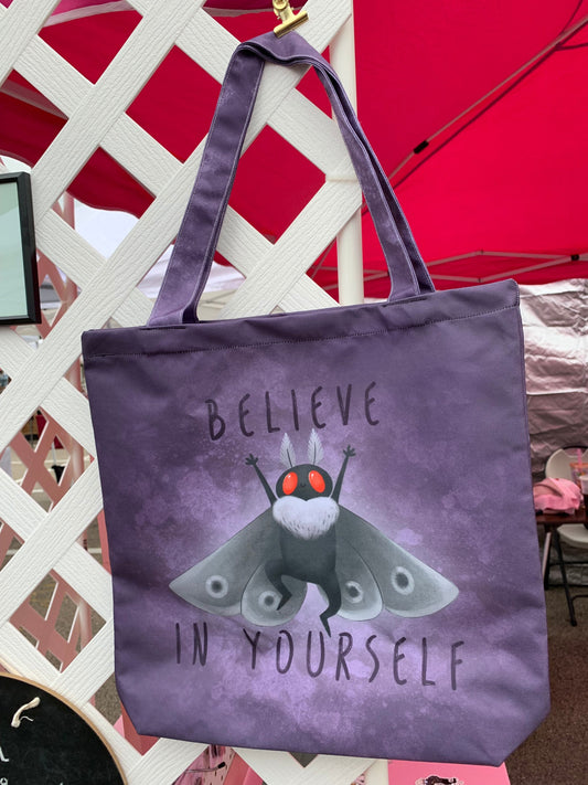 Mothman Tote Bag | adorable cryptid spooky haunted creepy supernatural mythical creature purple grey moth book bag illustration kawaii gift