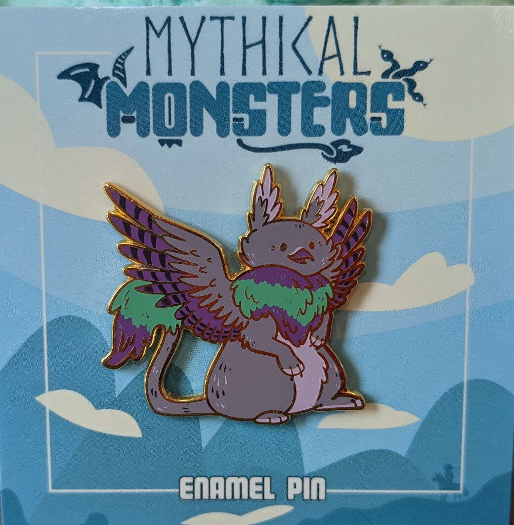 Gryphon Enamel Pin - mythical monster fantasy creature accessory gold pink bird kawaii adorable magic pigeon lion griffin