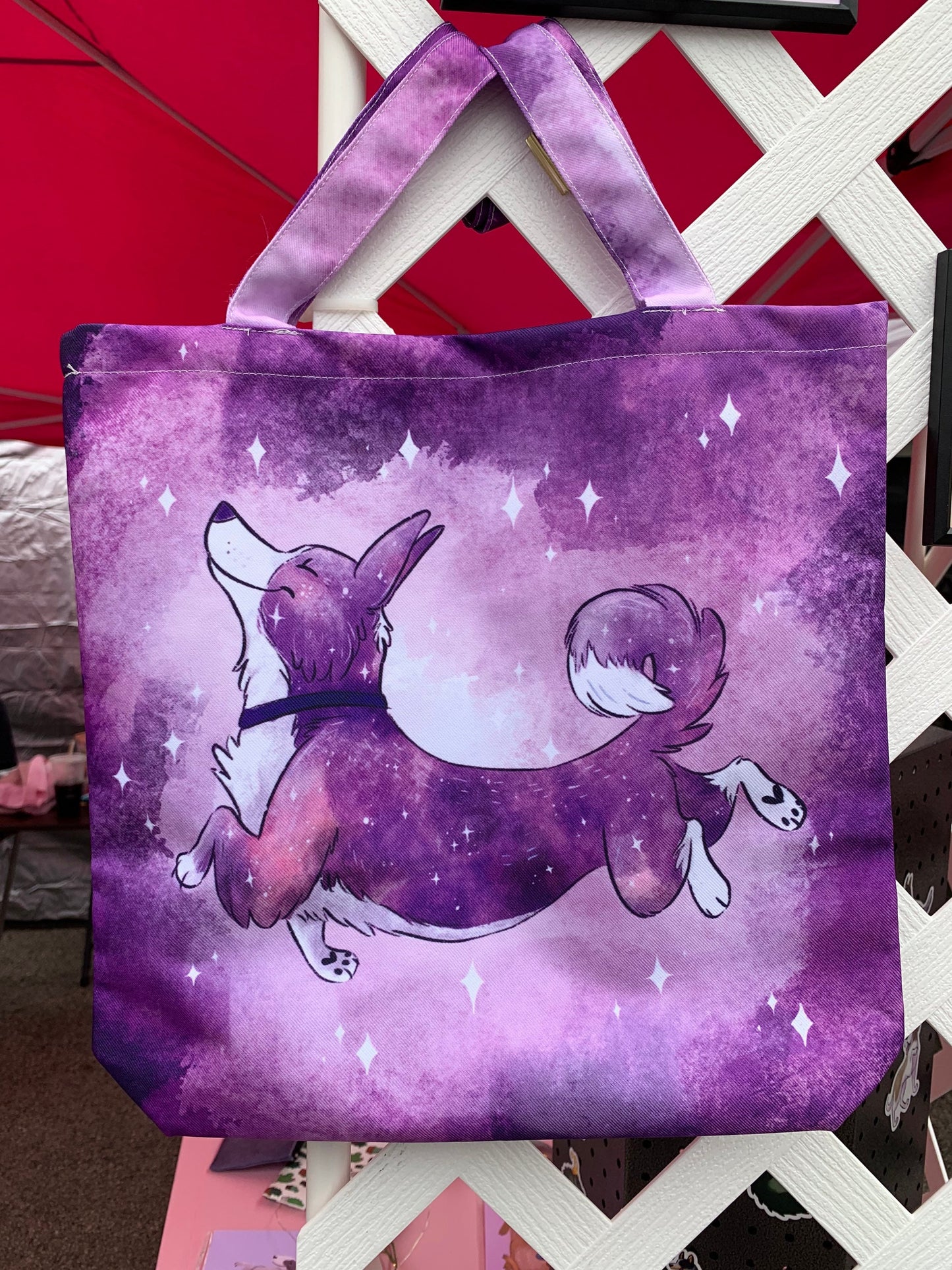 Space Dog Tote Bag | adorable galaxy puppy lover corgi purple lover star book bag illustration kawaii gift