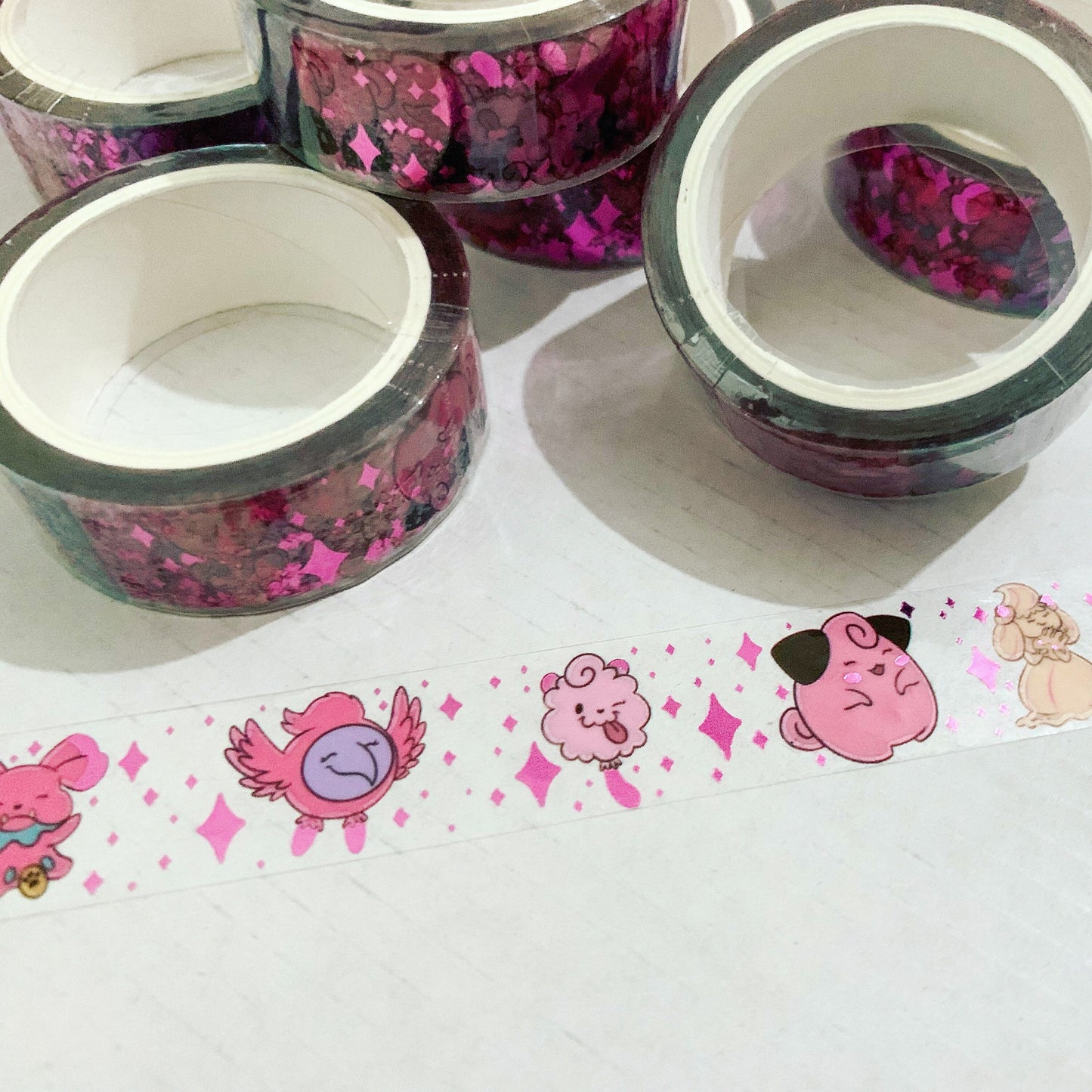 Pocket Monster Pink Fairies - 15mmx10m poke fairy clear washi tape with pink foil accents! Kawaii pastel Holo fun gift nerd cute friend