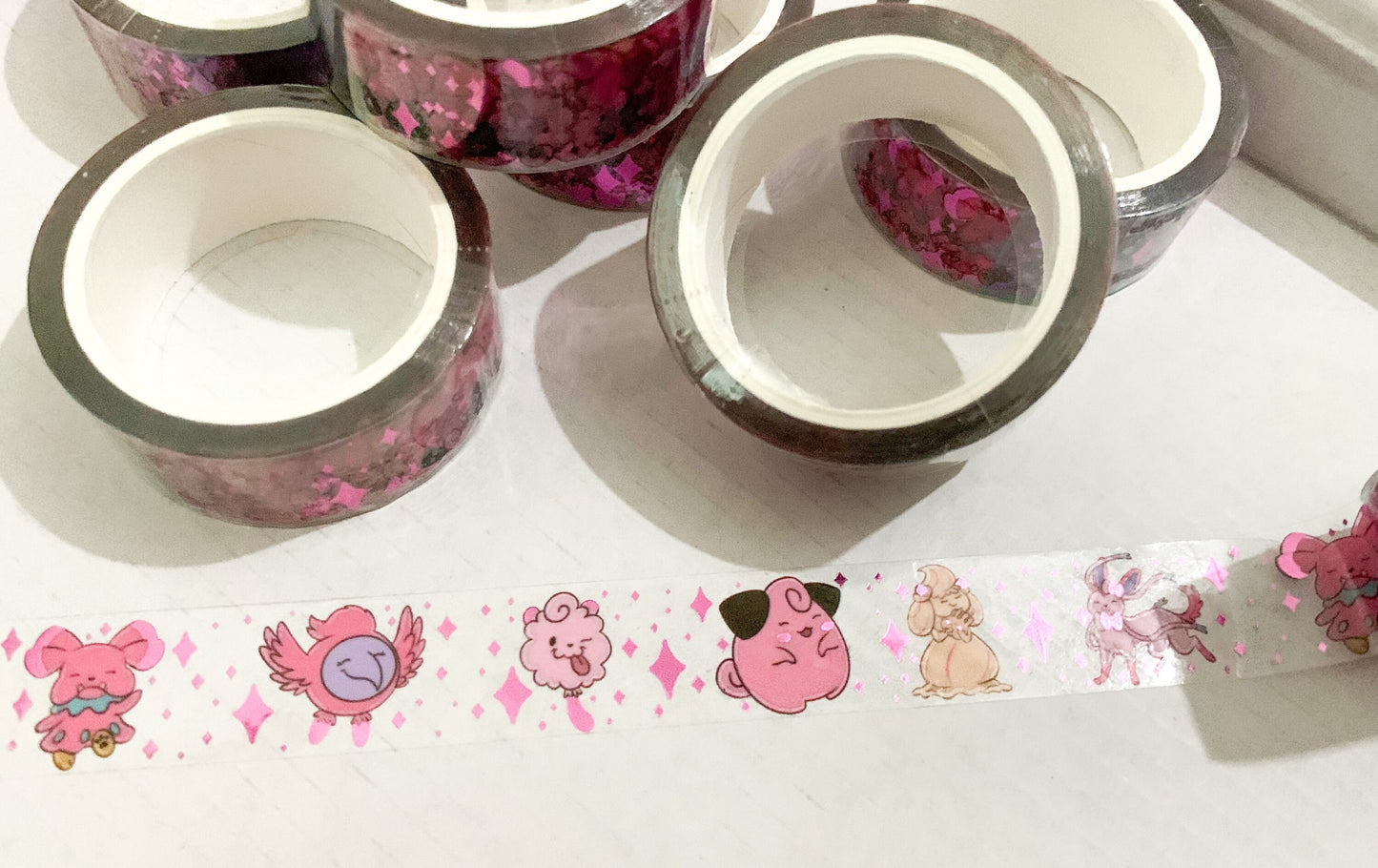 Pocket Monster Pink Fairies - 15mmx10m poke fairy clear washi tape with pink foil accents! Kawaii pastel Holo fun gift nerd cute friend