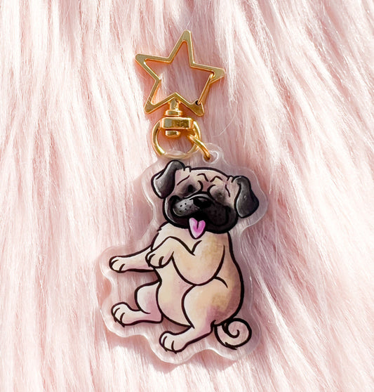 Pug Dog Acrylic Keychain | star clasp vograce kawaii double sided dog lover gift charm chain puppy tan curly tail smush face