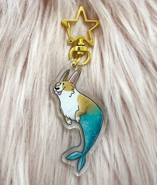 Corgi Dog Mermaid Acrylic Keychain | star clasp vograce kawaii double sided dog lover gift charm chain puppy kid’s birthday present