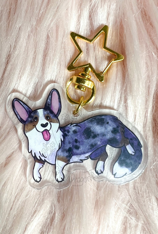 Cardigan Welsh Corgi Dog Acrylic Keychain | star clasp vograce kawaii double sided dog lover gift charm chain blue merle spots