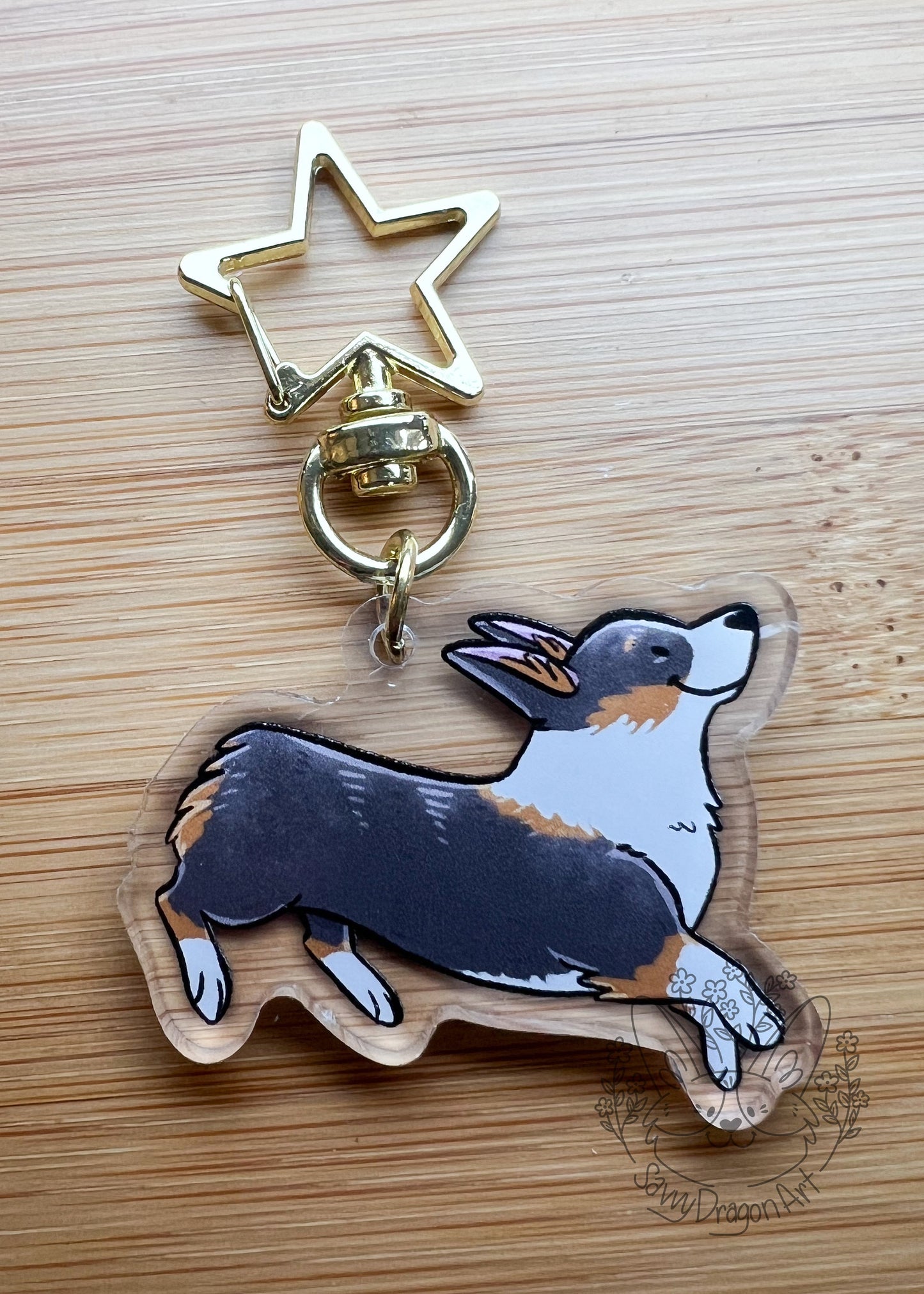 Pembroke Welsh Corgi Dog (black headed tricolor, no tail) Acrylic Keychain | star clasp vograce kawaii double sided dog lover gift charm