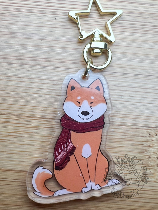 Winter Shiba Inu Acrylic Keychain | star clasp vograce kawaii double sided dog lover gift charm chain puppy doge holiday christmas