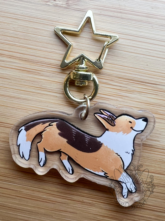 Pembroke Welsh Corgi Dog (red headed tricolor, tail) Acrylic Keychain | star clasp vograce kawaii double sided dog lover gift charm